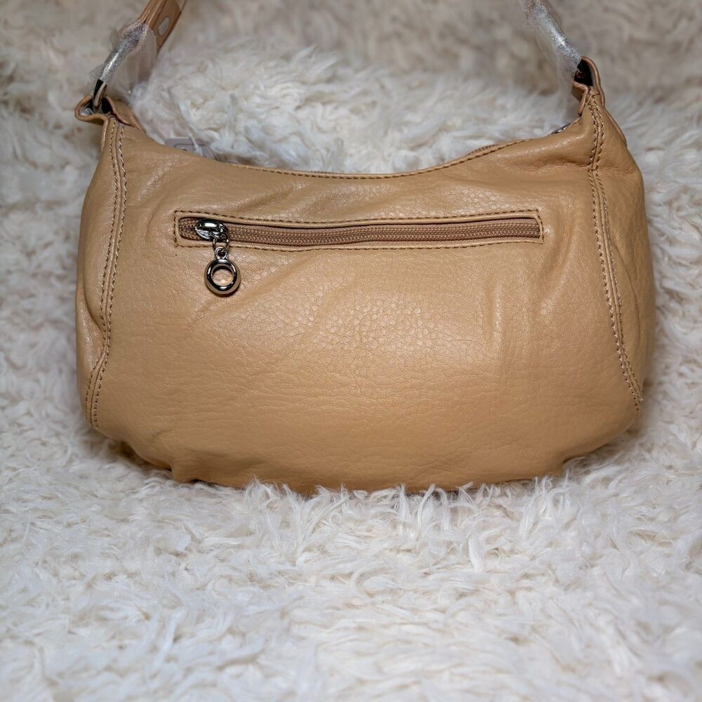 New Y2K Studded Tan Faux Leather Shoulder Bag Baguette Hobo Purse Silver Rivets